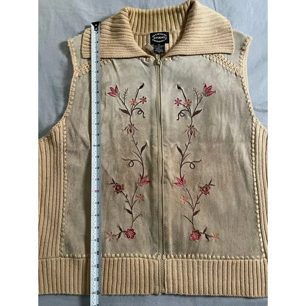 Vtg. Designer's Studio Originals Leather and Embroidered Vest SZ XL Y2K/ 90s